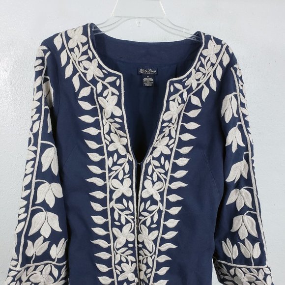 Lucky Brand Women's Blue Floral Embroidered Hook Lined Top Tunic Coat Jacket - Picture 2 of 12